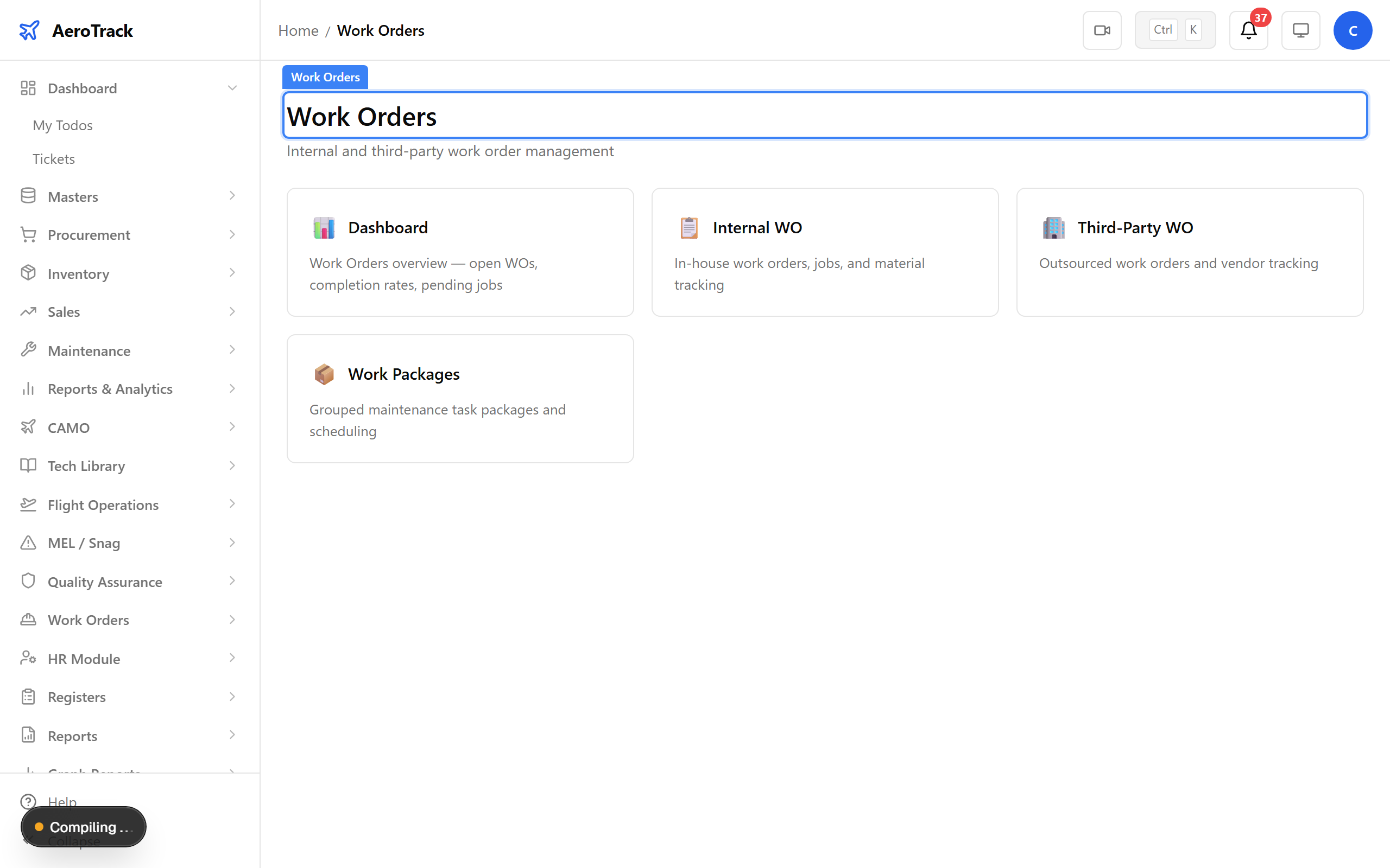 Work Orders landing page