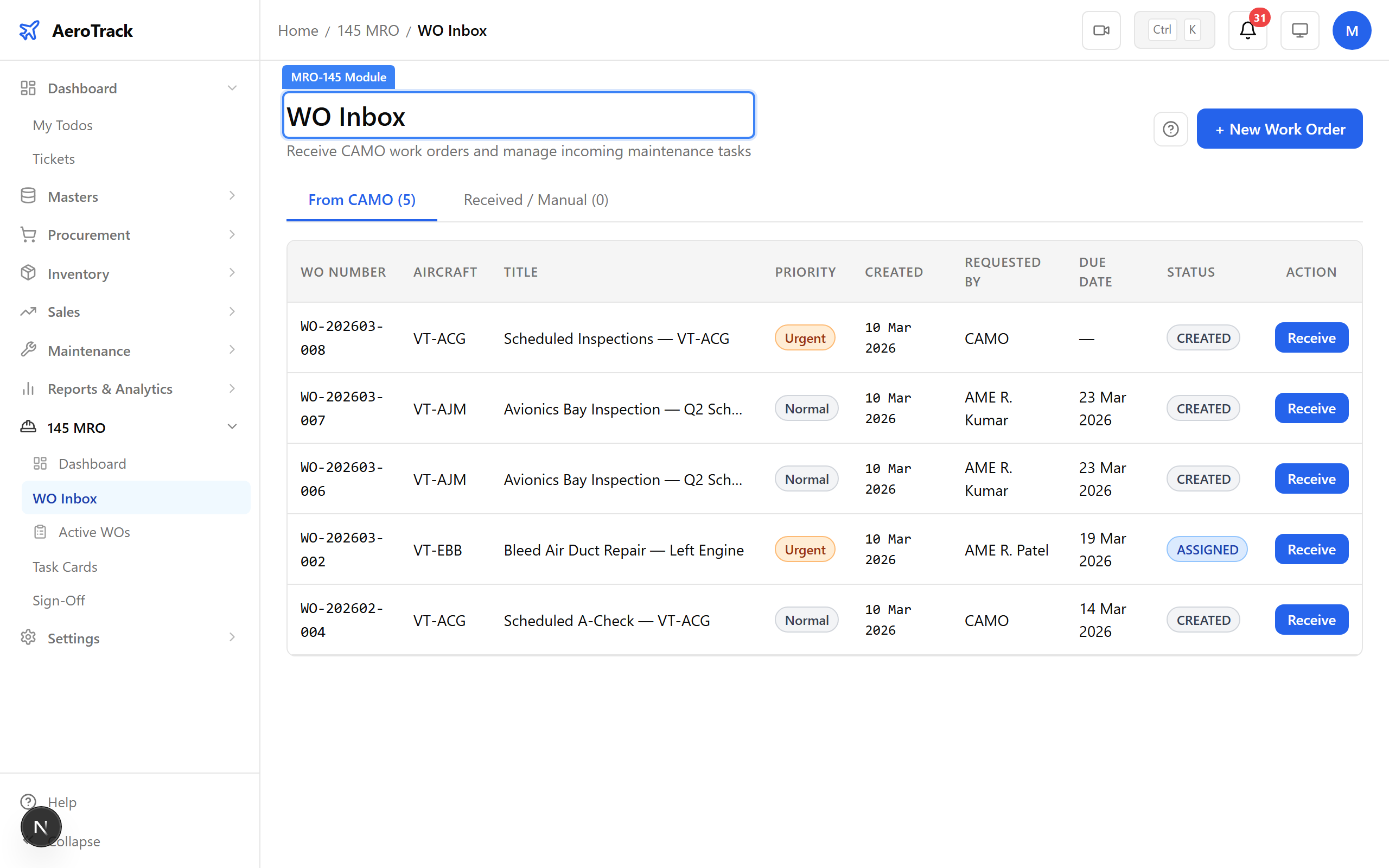MRO-145 module landing page with module cards