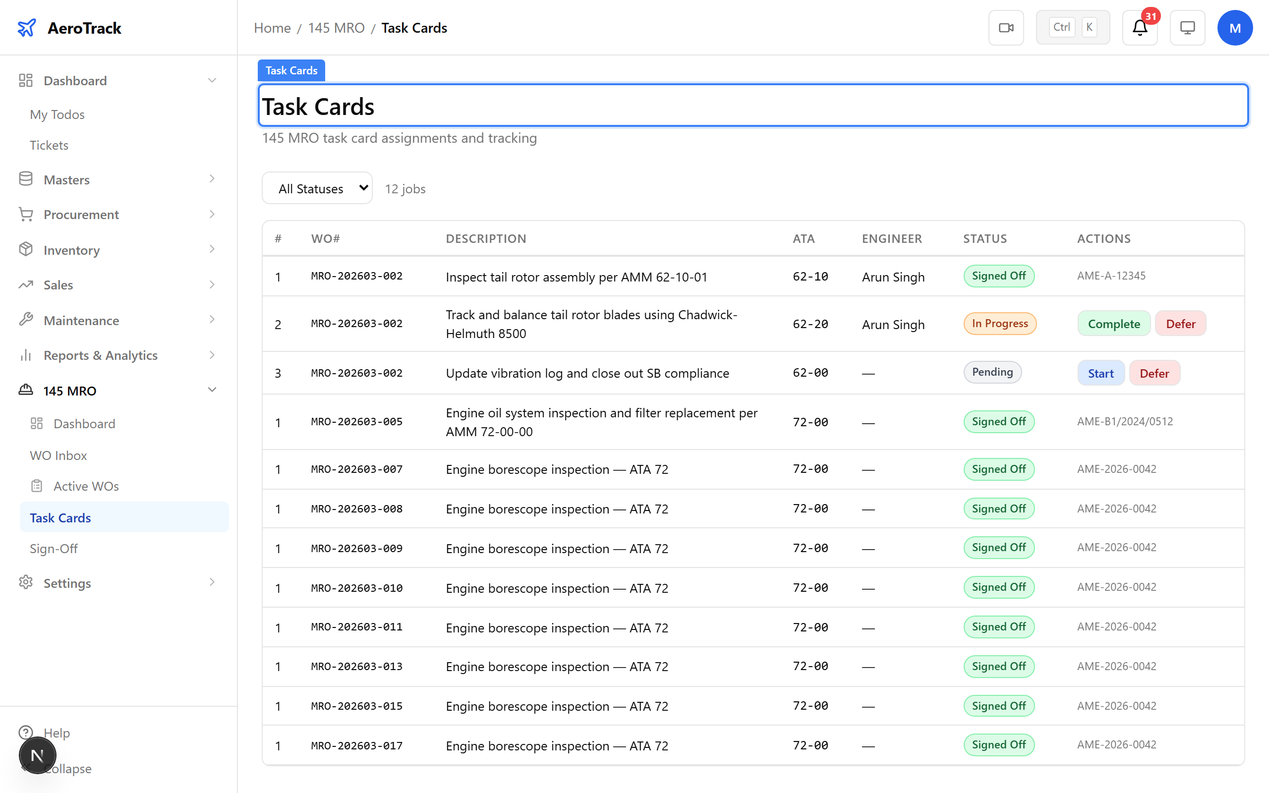MRO task cards listing individual jobs