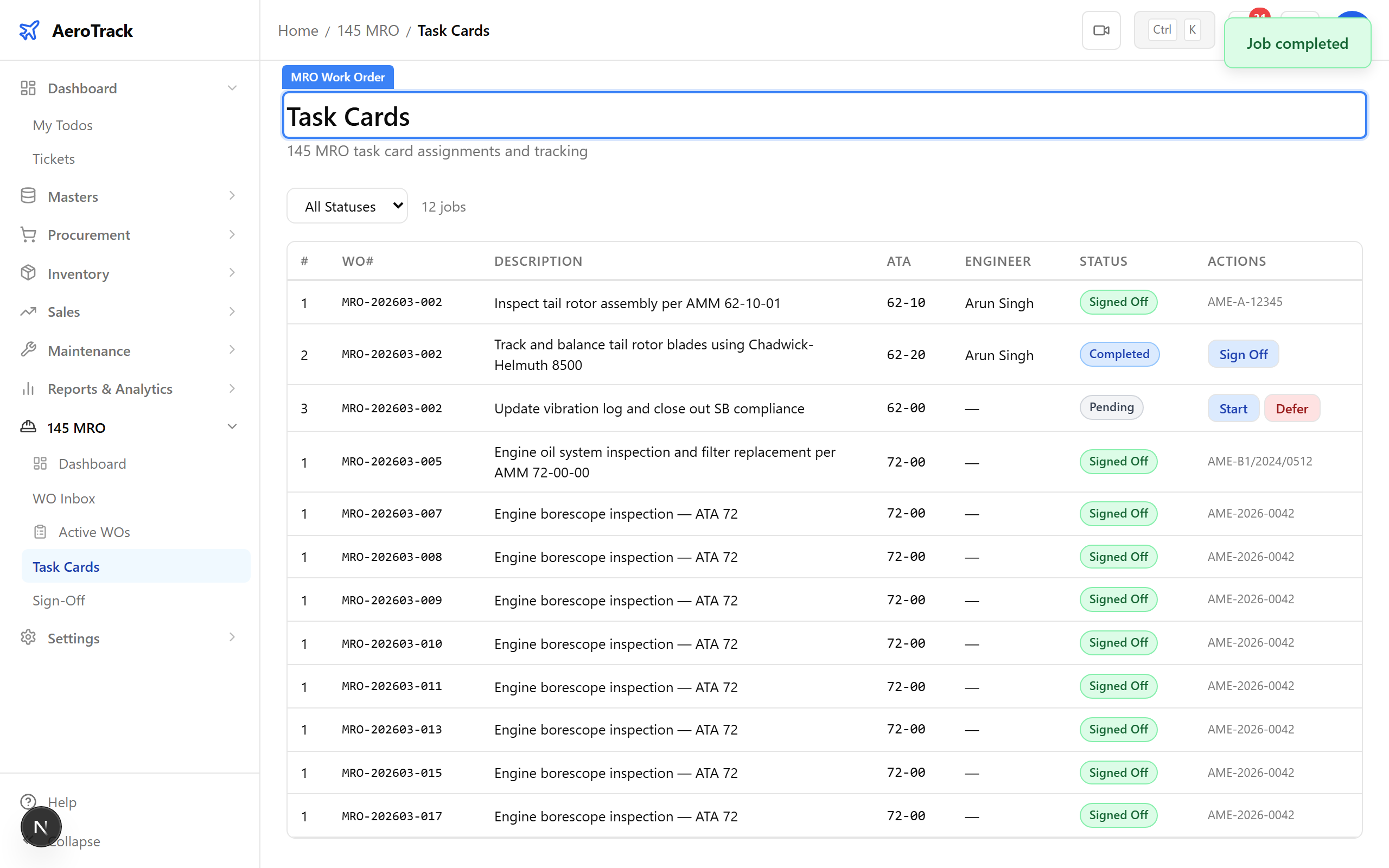 MRO work order showing COMPLETED status