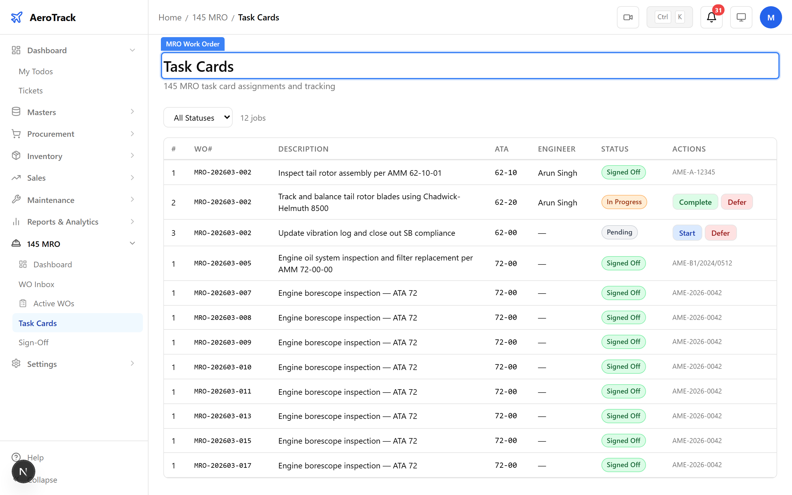 MRO work order showing IN_PROGRESS status