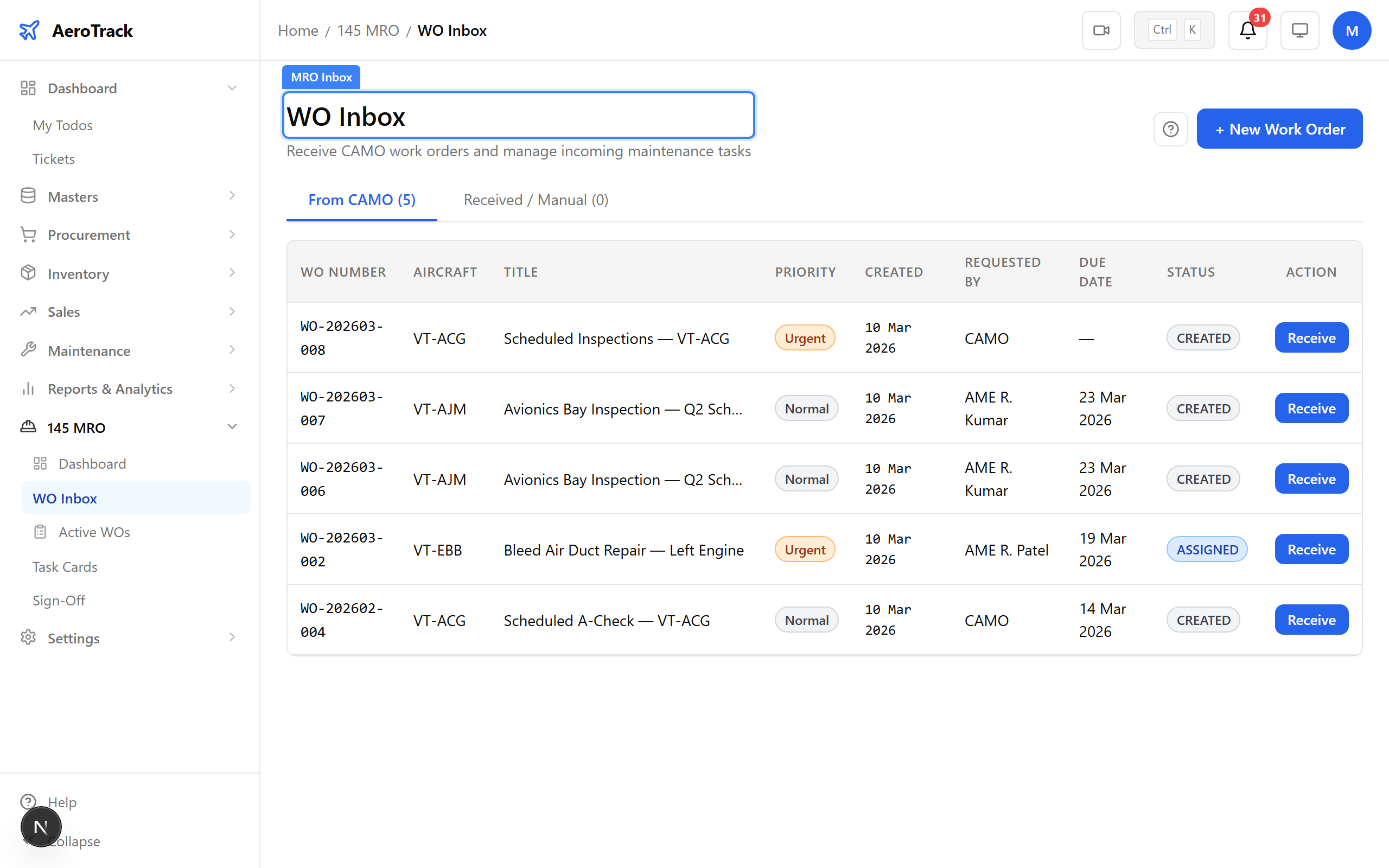 MRO work order with Reject button highlighted