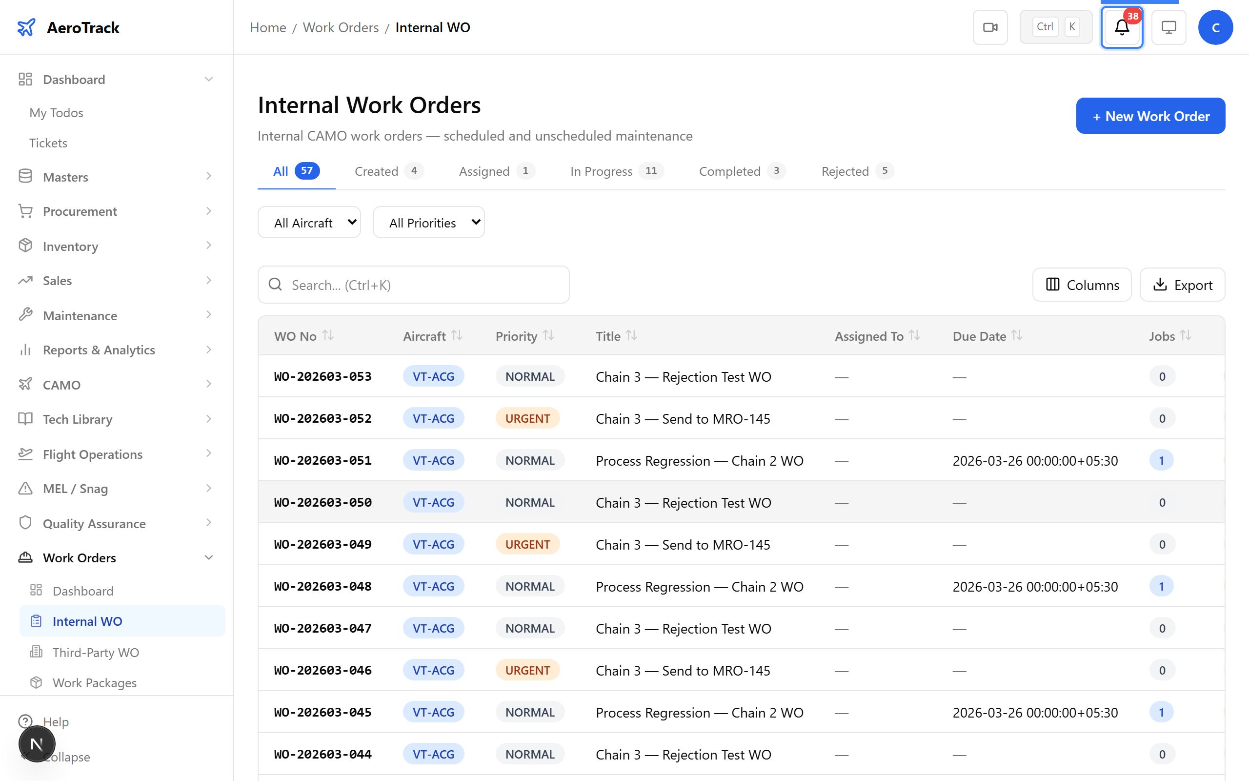 Notification bell showing wo_completed alert