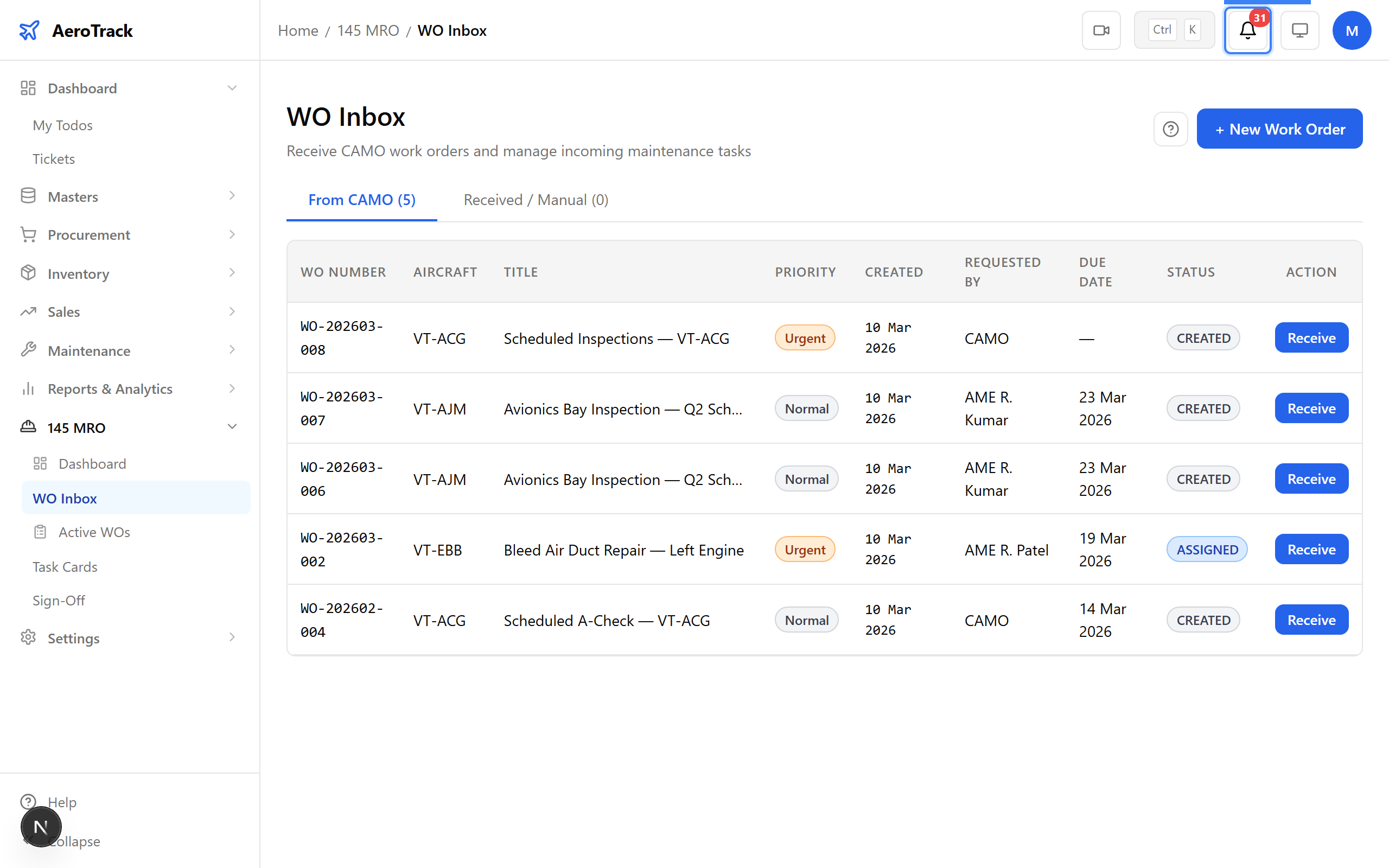 Notification bell showing wo_received alert