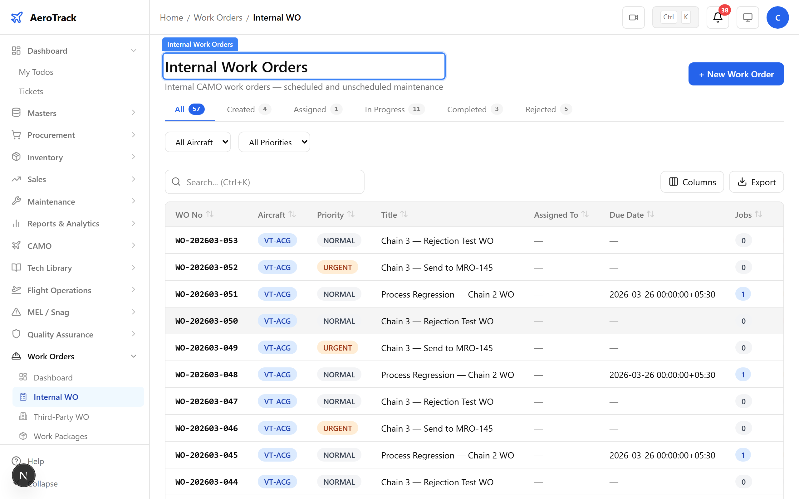Work order dispatched showing RECEIVED_145 status