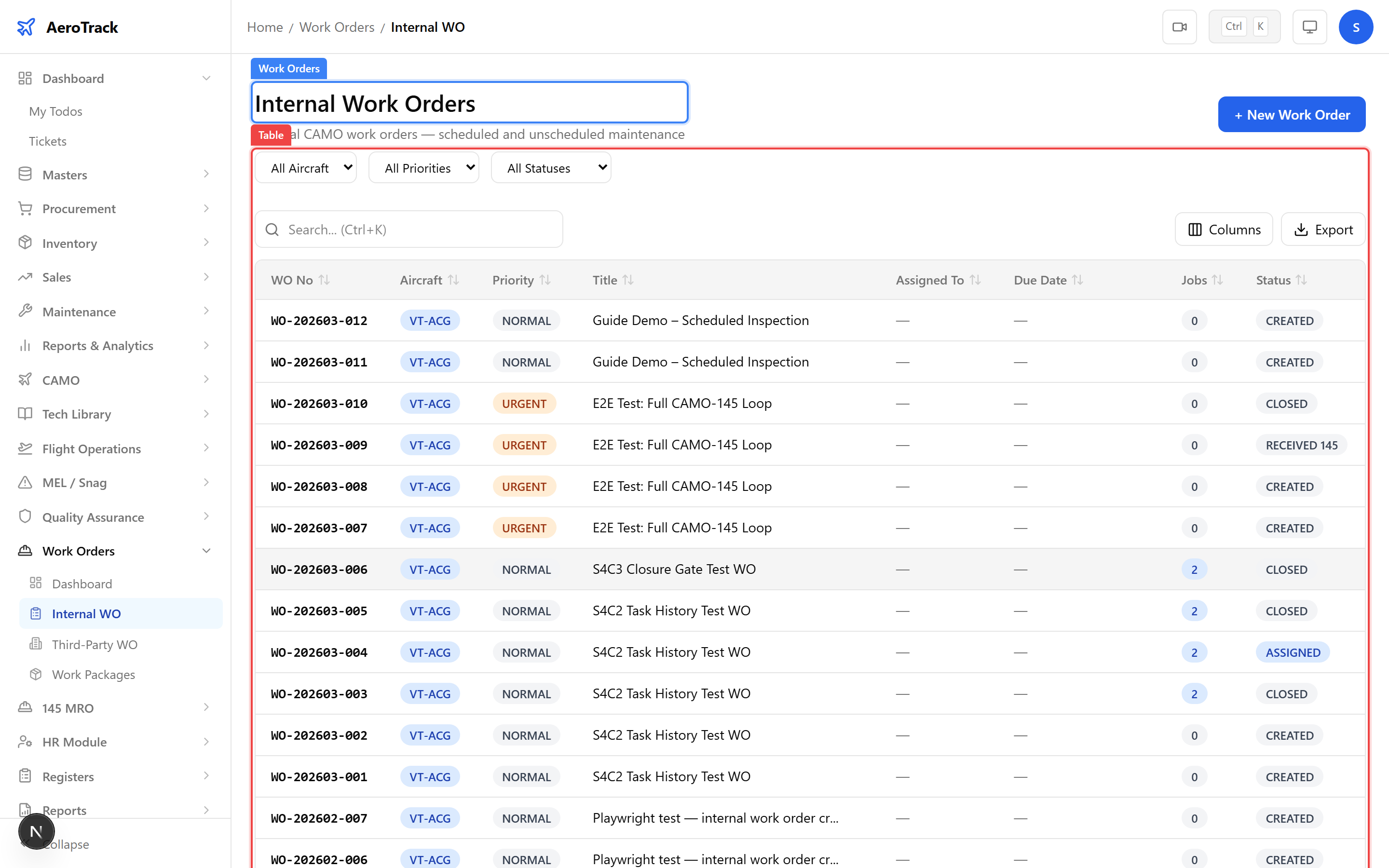 Work order detail header showing WO number, aircraft, title, priority badge, status, and workflow action buttons