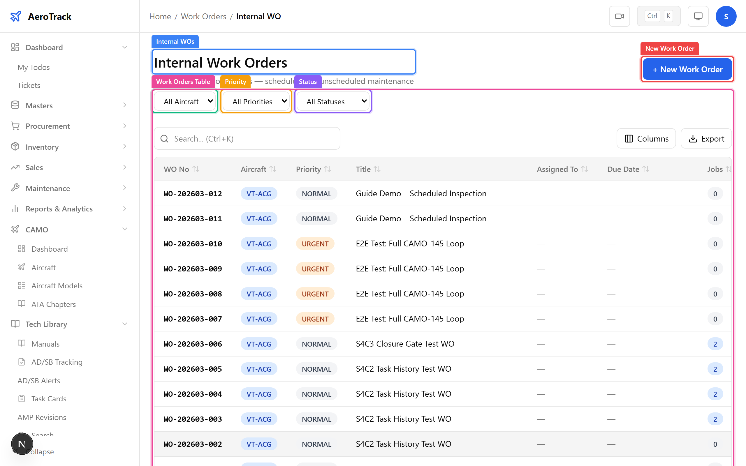 Internal work orders list with aircraft, priority, and status filters