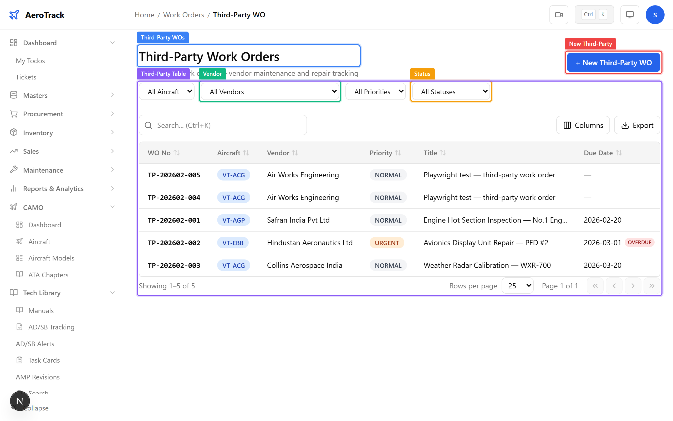 Third-party work orders list with vendor filter and status badges