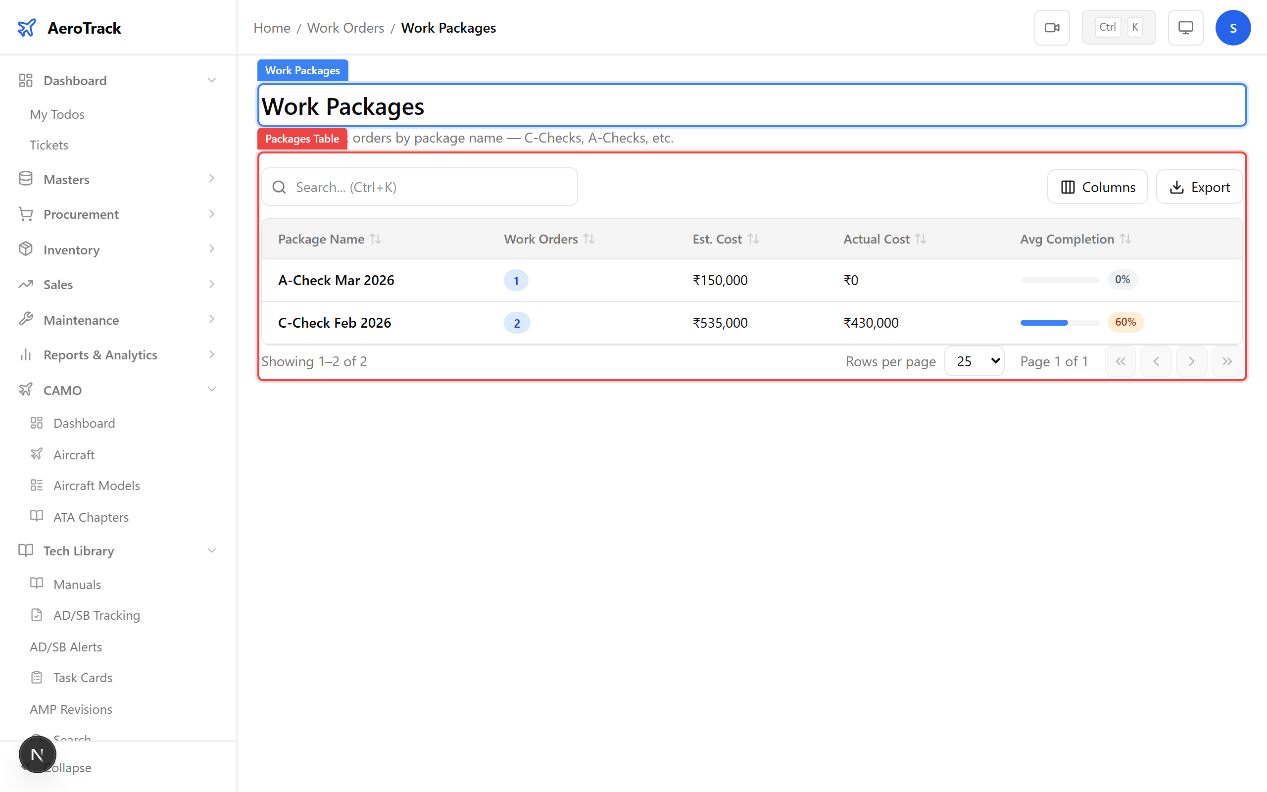 Work packages list with package names and linked WO counts