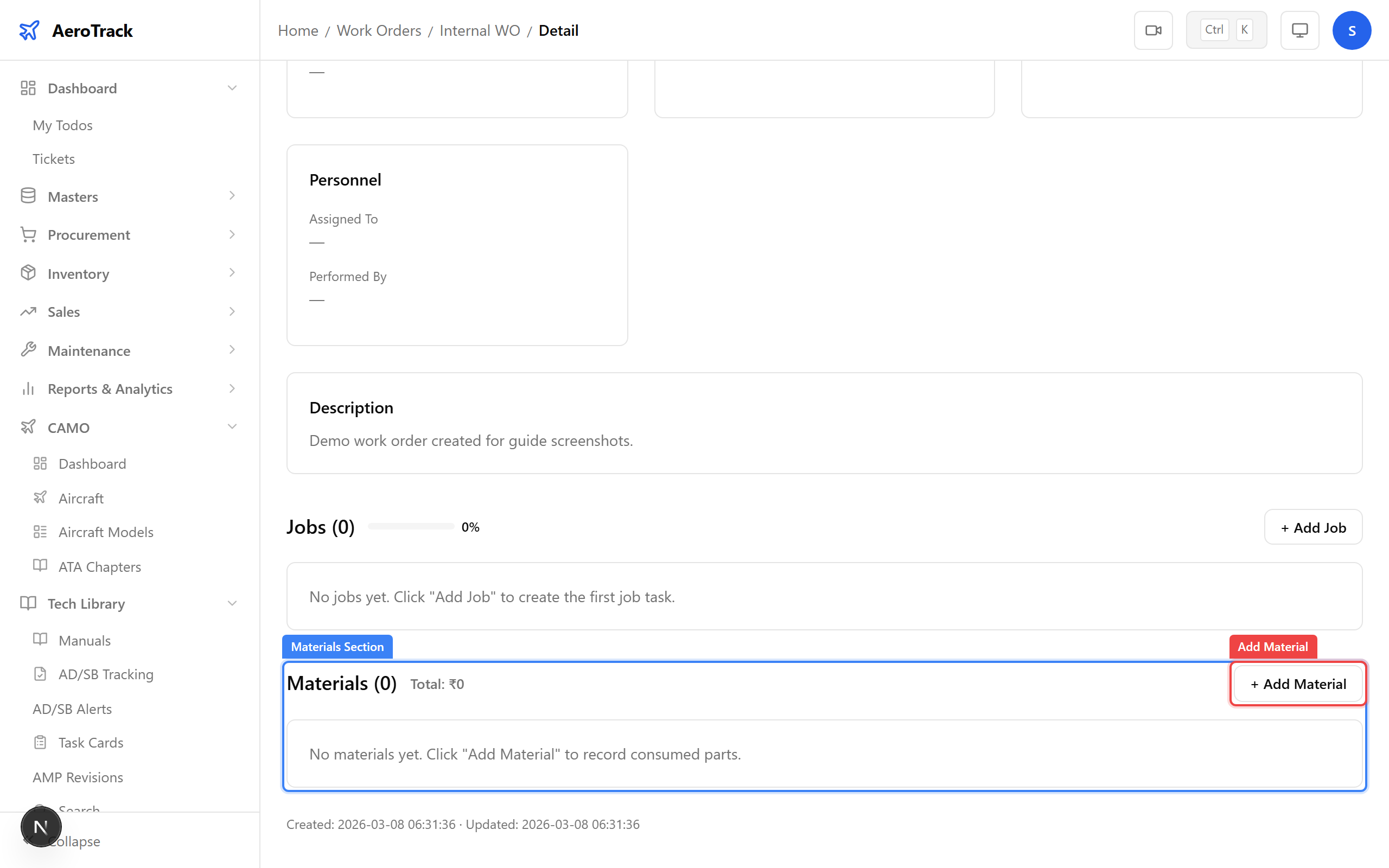 Work order detail page showing the Materials section with Add Material button