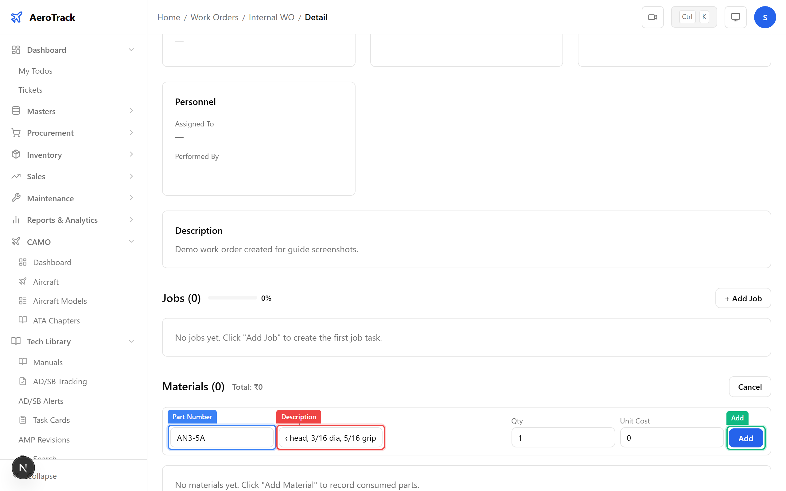Add material inline form showing part number and description fields