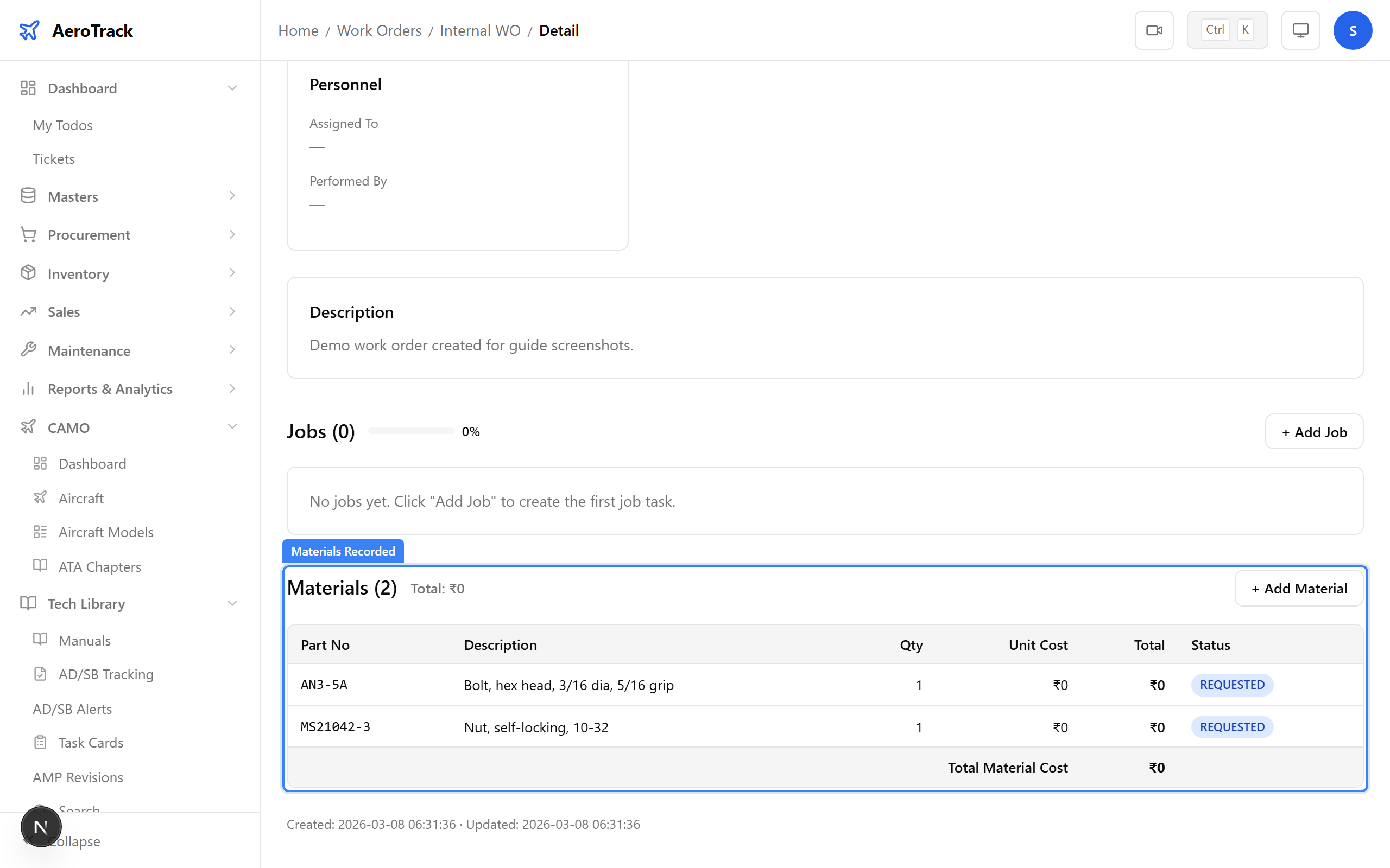 Work order closure dialog showing materials summary alongside jobs status